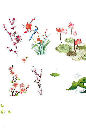 手绘插画水彩中国风花朵梅花植物免抠PNG