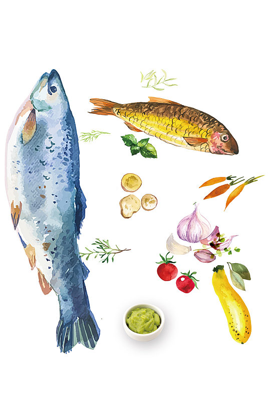 手绘鱼类美食水果蔬菜装饰免抠元素