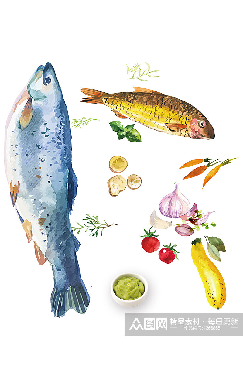手绘鱼类美食水果蔬菜装饰免抠元素素材