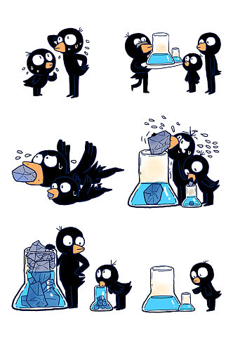 卡通手绘插画动物小乌鸦找水喝免抠装饰元素
