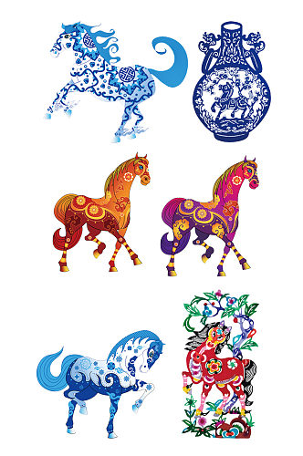 剪纸青花瓷古典中国传统装饰马素材免抠 蒙古族蒙元文化素材
