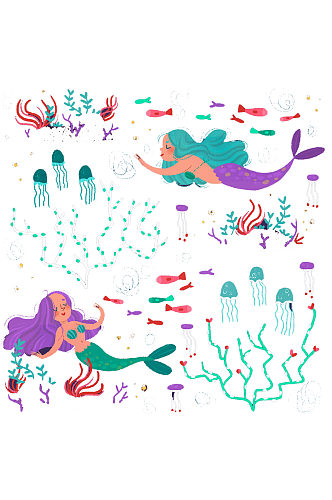 手绘插画海底美人鱼珊瑚装饰免抠