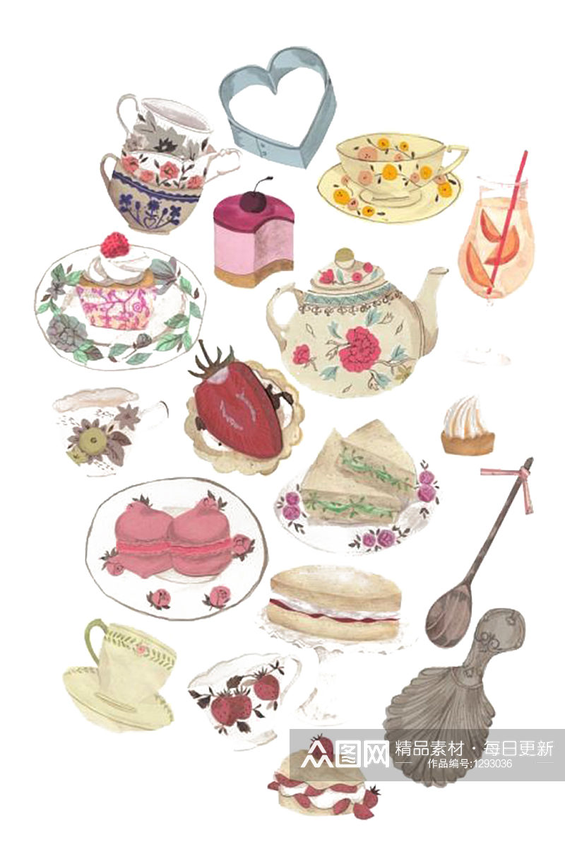 手绘插画奶油蛋糕下午茶食物素材免抠元素素材