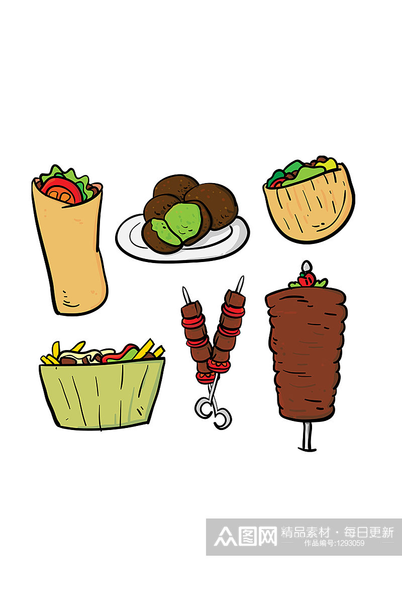 手绘插画卡通海鲜烤肉美食食物素材免抠元素素材