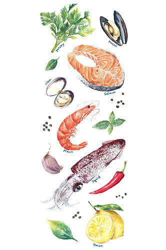 手绘插画卡通快餐海鲜食物美食素材免抠元素