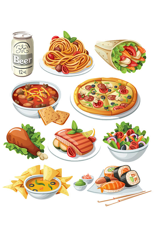 手绘插画卡通快餐面条食物美食素材免抠元素