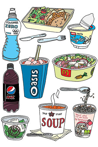 手绘插画卡通快餐速食食物美食素材免抠元素