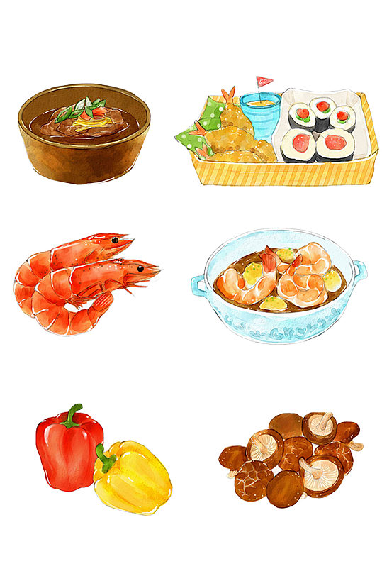 手绘插画卡通免抠元素海鲜与肉食早餐
