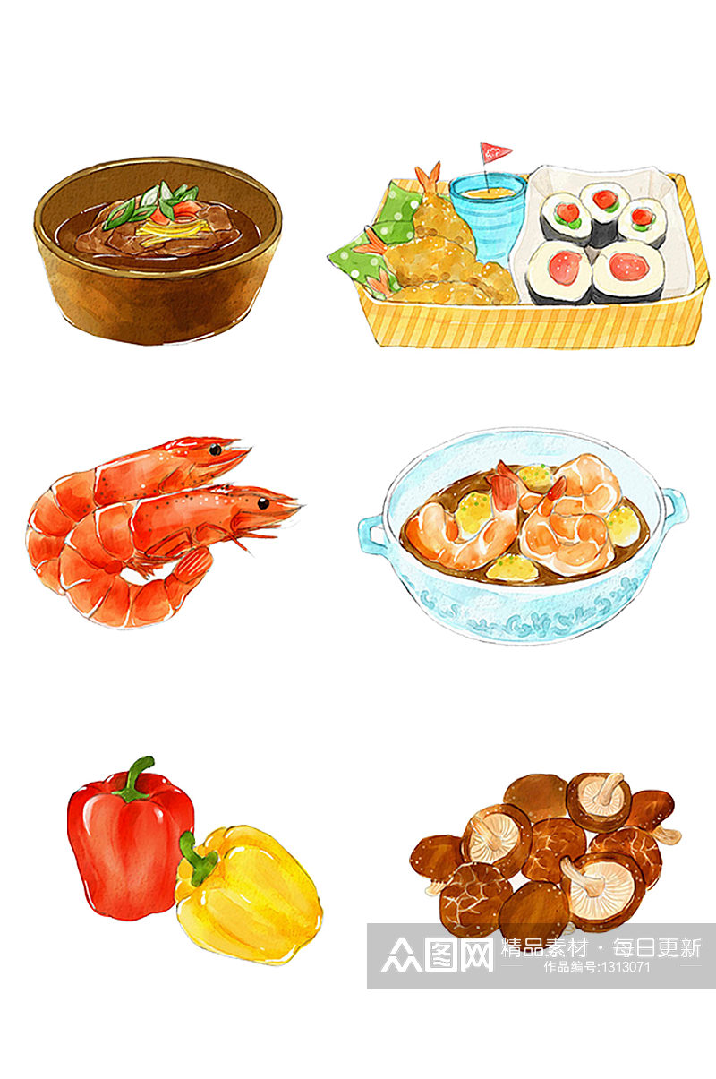 手绘插画卡通免抠元素海鲜与肉食早餐素材