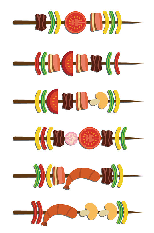 矢量烧烤串一组蔬菜肉类