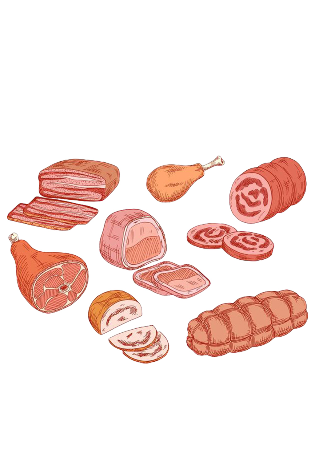 手绘插画卡通肉类火腿早餐食物美味免抠元素