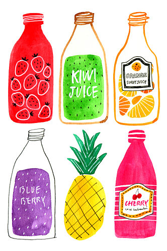 卡通手绘水彩多款饮料水果奶茶瓶子免抠元素