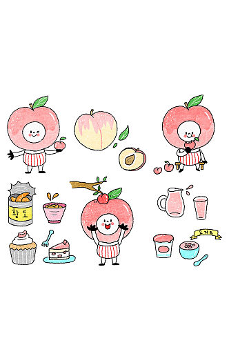 卡通手绘水蜜桃水果蛋糕饮品果酱美食