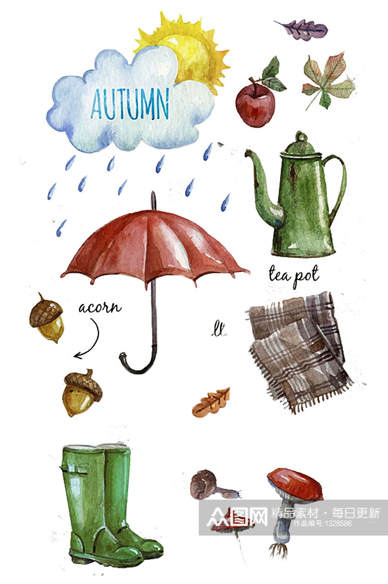 彩绘秋天气温卡通雨具搭配免抠元素素材