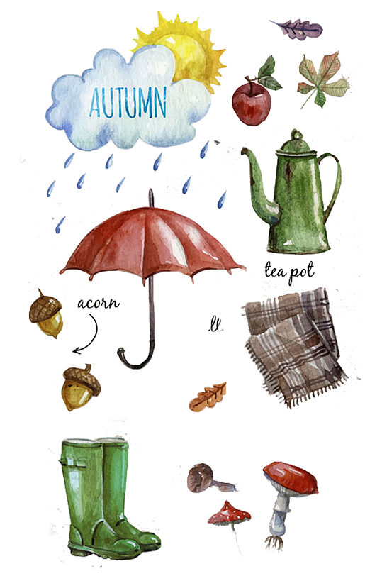 彩绘秋天气温卡通雨具搭配免抠元素