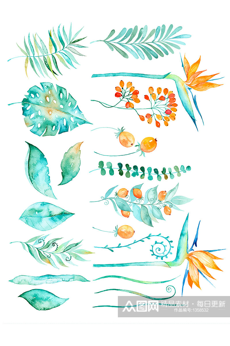 手绘水彩植物叶子免抠元素素材
