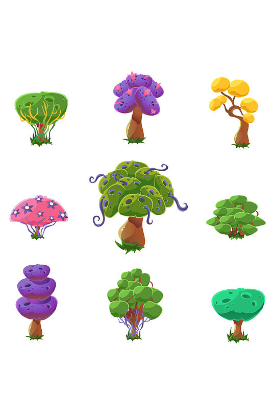 手绘插画植物卡通彩色的树装饰免抠元素