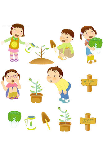手绘植树节孩子植树图免抠元素