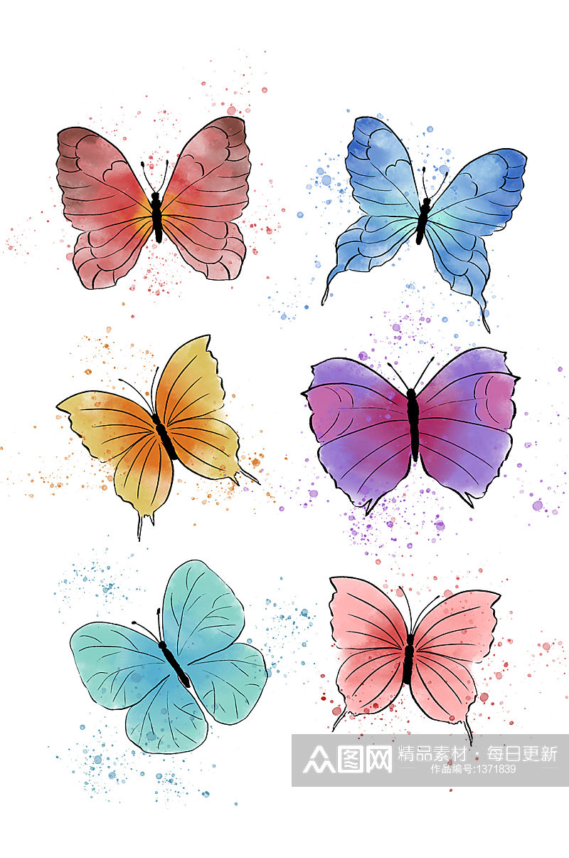 多款水墨系彩色昆虫蝴蝶免抠元素素材