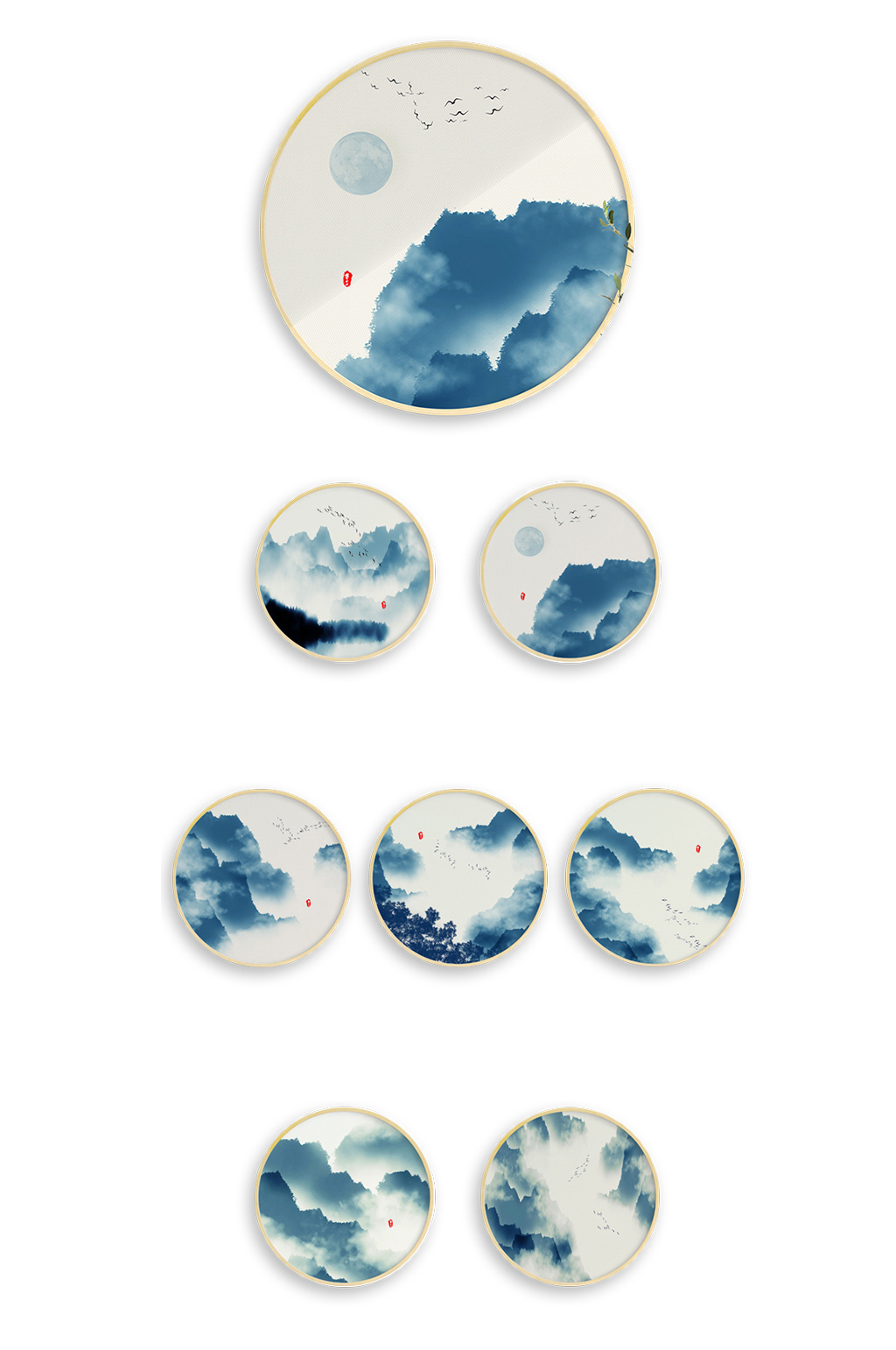 中国风圆形山水挂画装饰画免抠元素素材