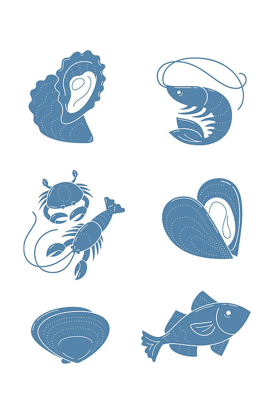 手绘插画蓝色海鲜海洋动物食物剪影免抠元素