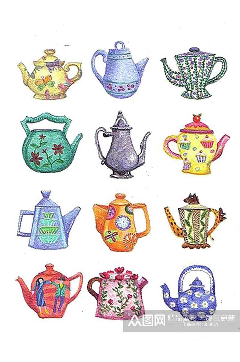 茶壶手绘插画红茶绿茶免抠元素素材