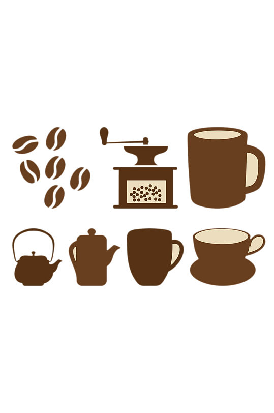 手绘茶壶咖啡豆咖啡杯磨豆机免抠元素