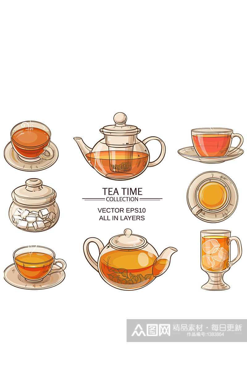 矢量手绘红茶玻璃茶具免抠元素素材