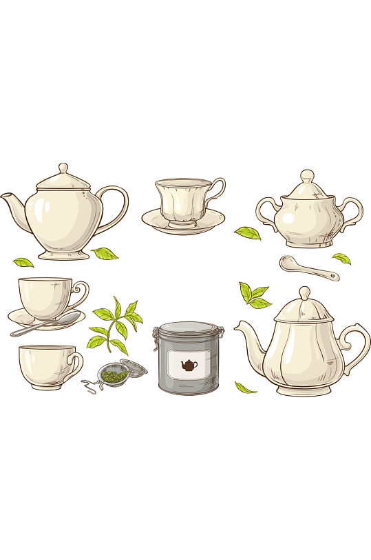 矢量白色茶杯和绿色茶叶免抠元素