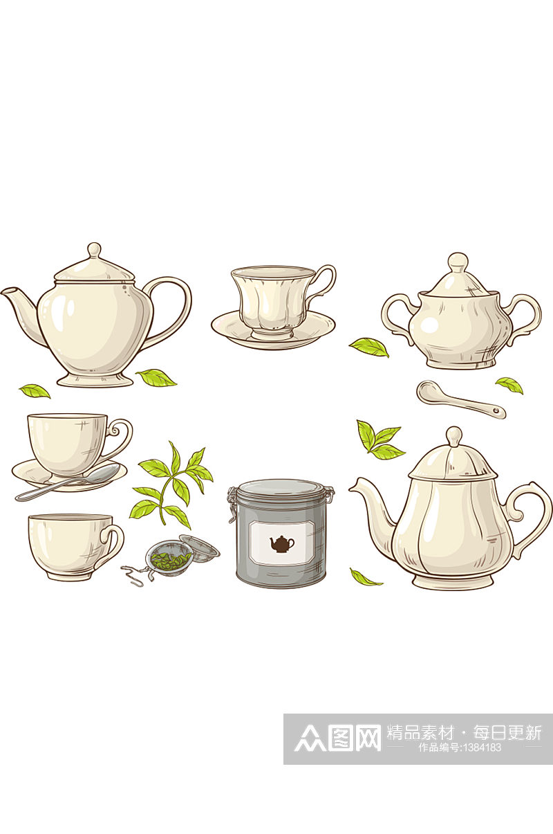 矢量白色茶杯和绿色茶叶免抠元素素材