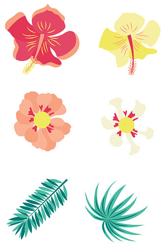 手绘异国花和棕榈叶背景免抠元素