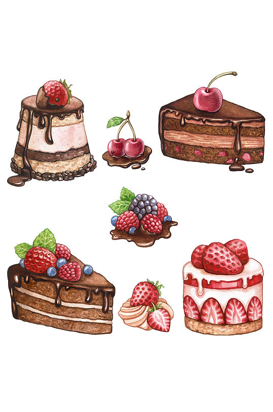手绘樱桃巧克力蛋糕甜品免抠元素