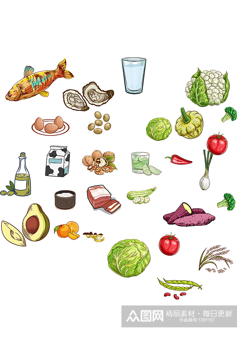 一堆食品手绘食物免抠元素素材
