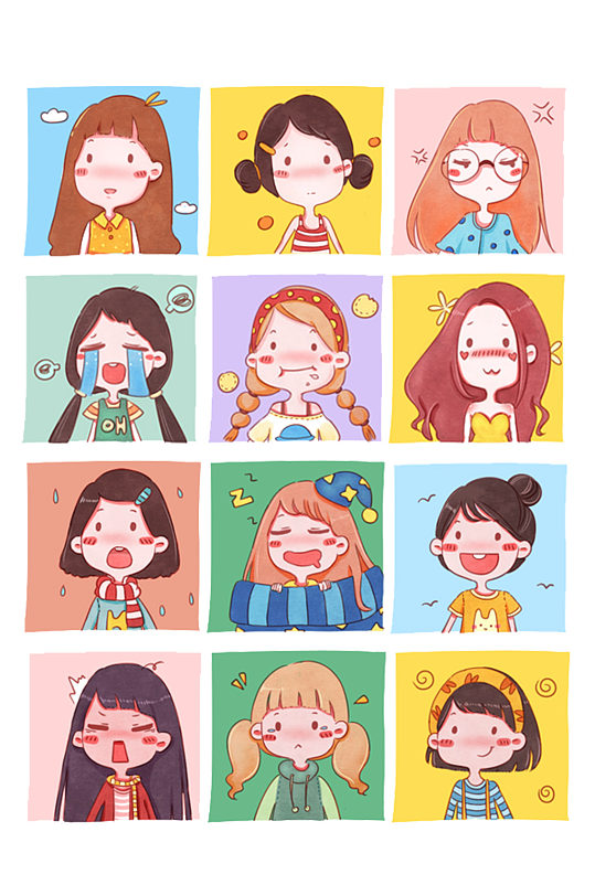 手绘插画水彩女生人物表情免抠元素