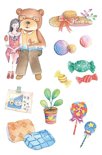 手绘水彩卡通女孩人物植物糖果免抠元素