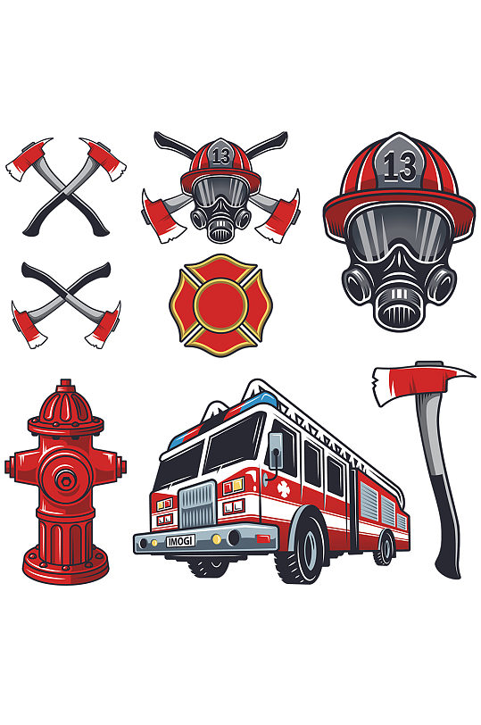 矢量手绘插画消防车消防员灭火免抠元素