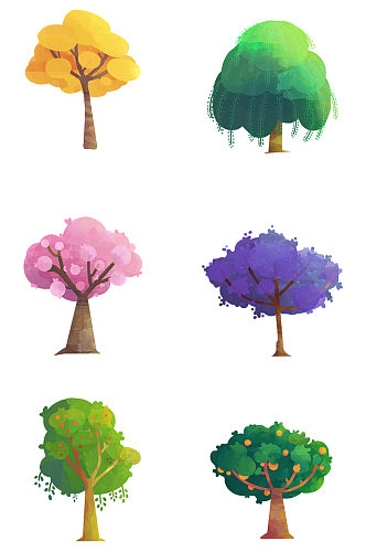 卡通手绘水彩多色树木素材免抠元素