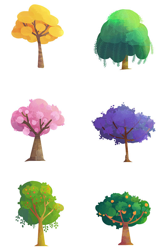 卡通手绘水彩多色树木素材免抠元素
