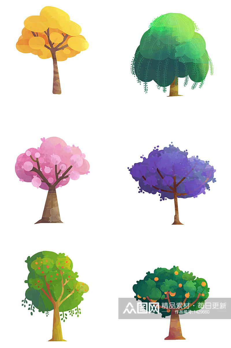 卡通手绘水彩多色树木素材免抠元素素材