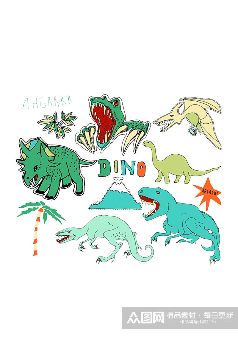 手绘插画水彩多款恐龙动物免抠元素素材