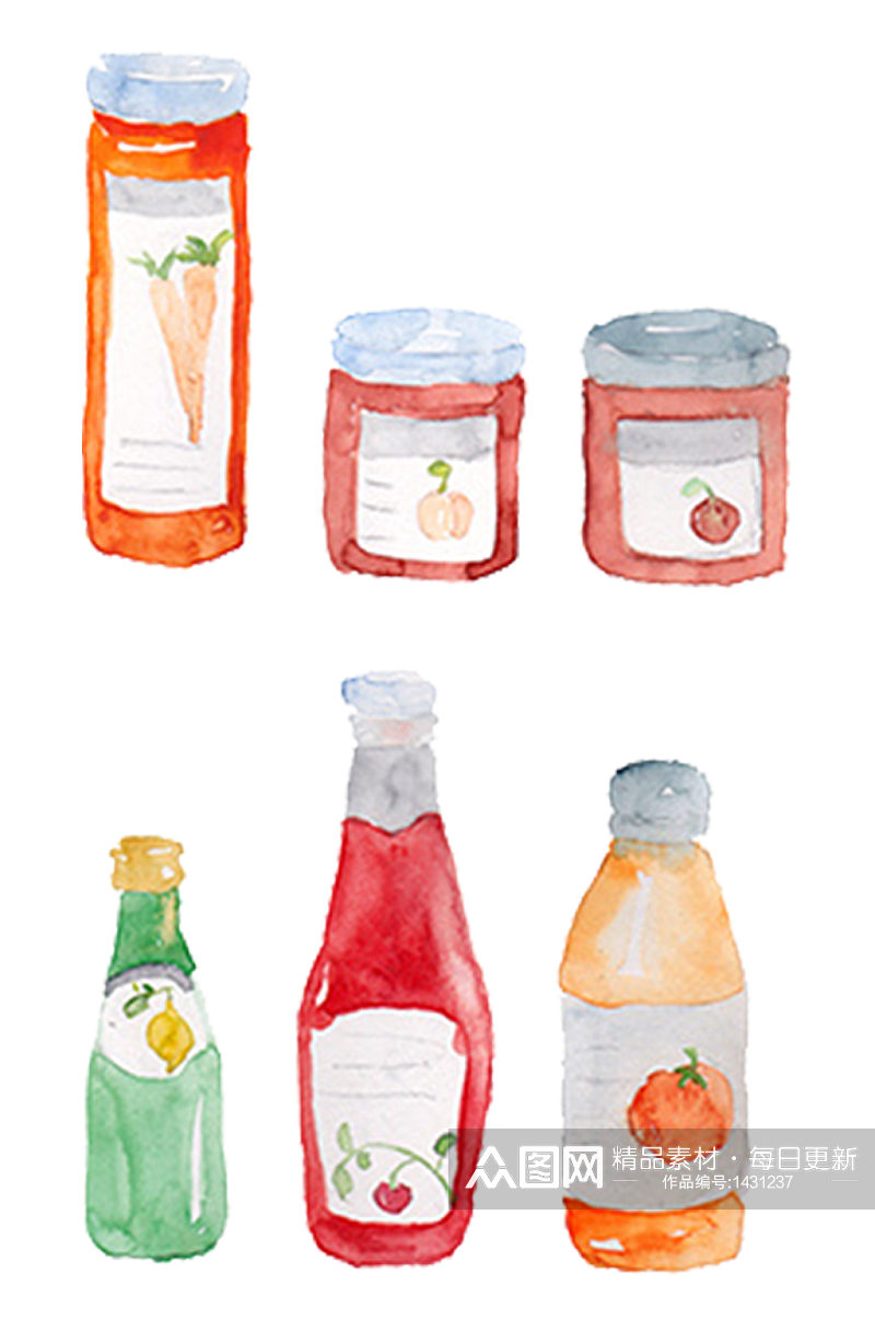 手绘水彩瓶装饮料集合免抠元素素材
