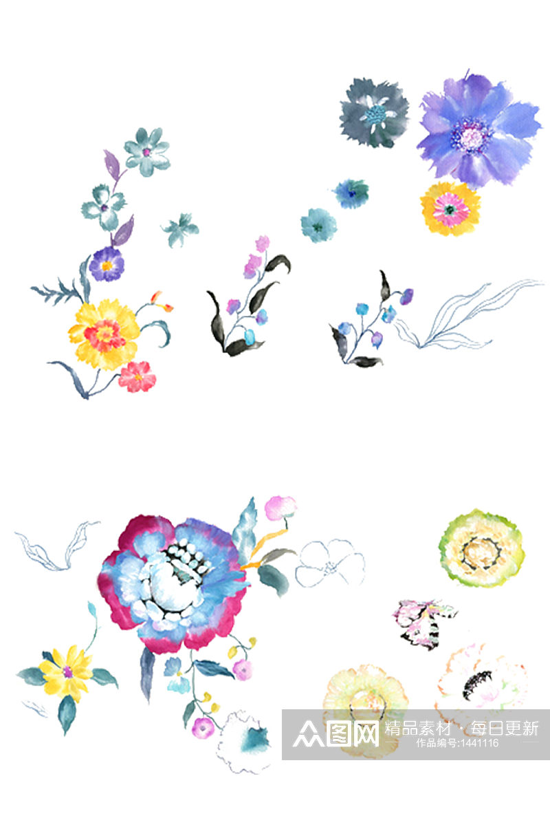 手绘水彩植物花朵花卉墨花免抠元素素材