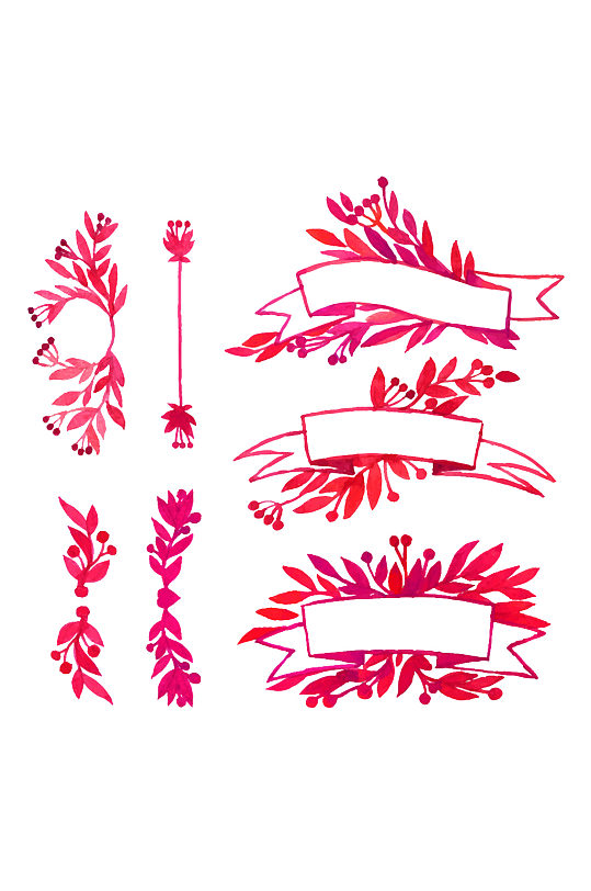 水彩绘丝带与花卉免抠元素