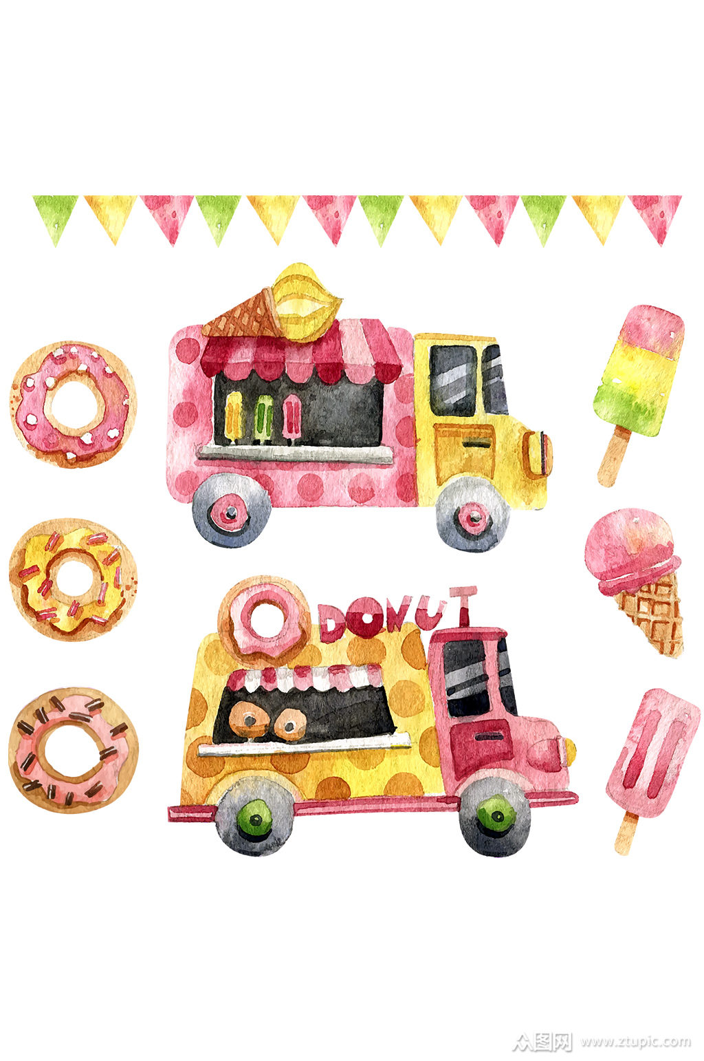 矢量手绘水彩冰激凌车甜品免抠元素素材