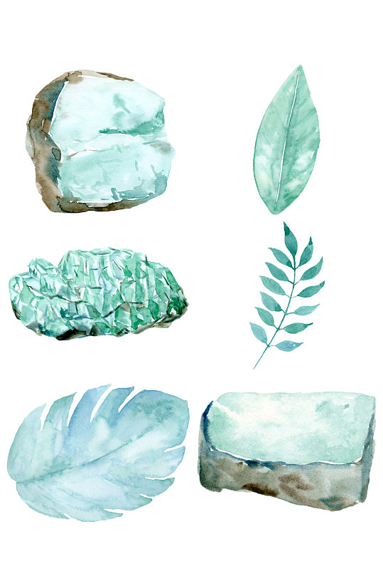 手绘水彩绿色石头和叶子植物免抠元素
