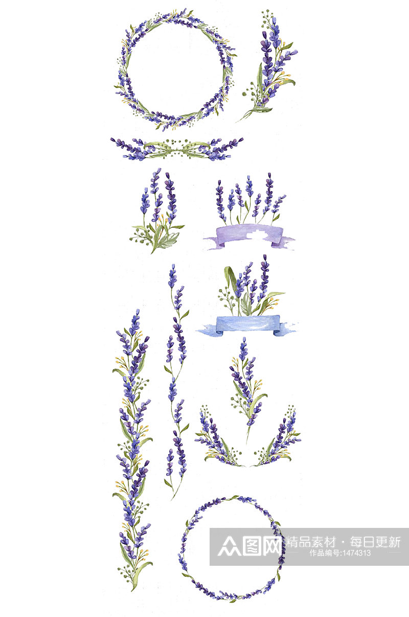 手绘水彩薰衣草植物边框花卉免抠元素素材