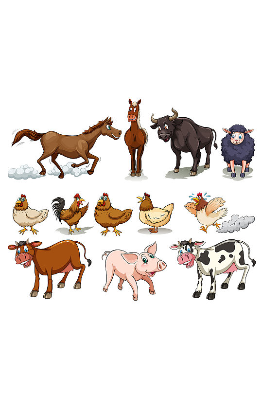 手绘卡通可爱农场动物猪牛羊鸡马免抠元素