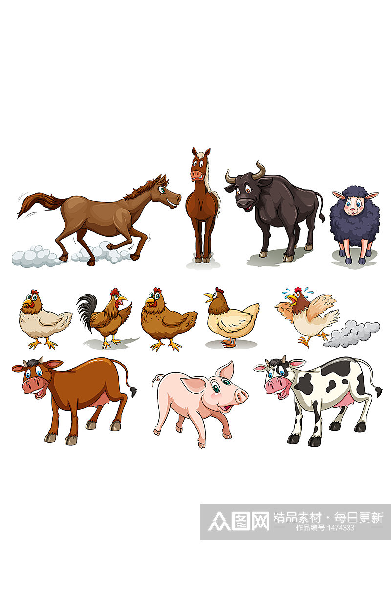 手绘卡通可爱农场动物猪牛羊鸡马免抠元素素材