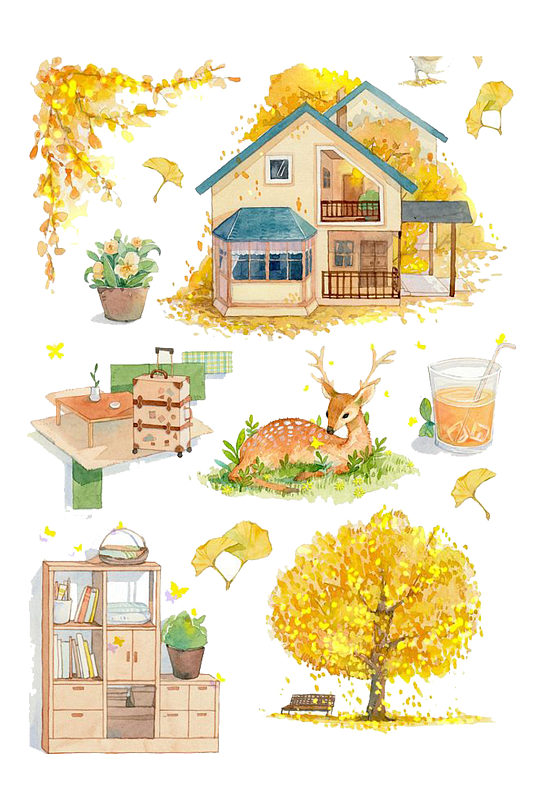 手绘水彩插画动物植物黄色房子免抠元素