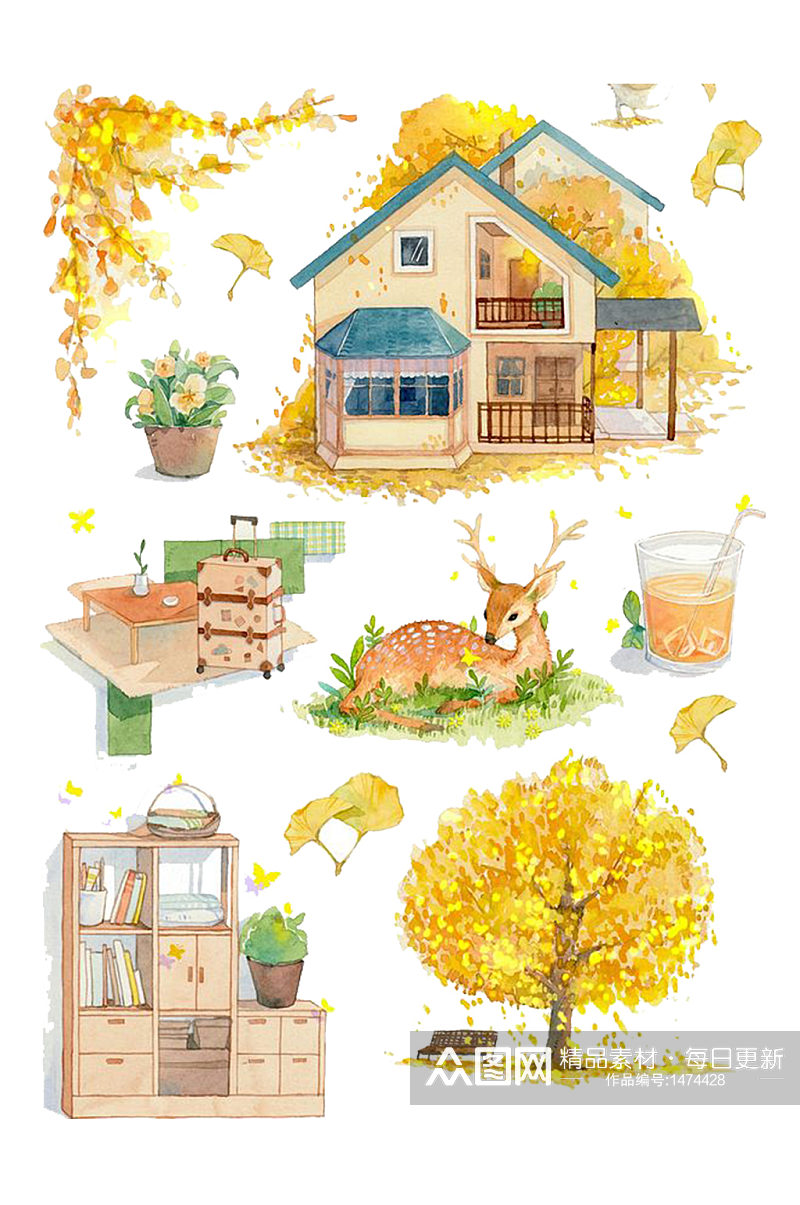 手绘水彩插画动物植物黄色房子免抠元素素材